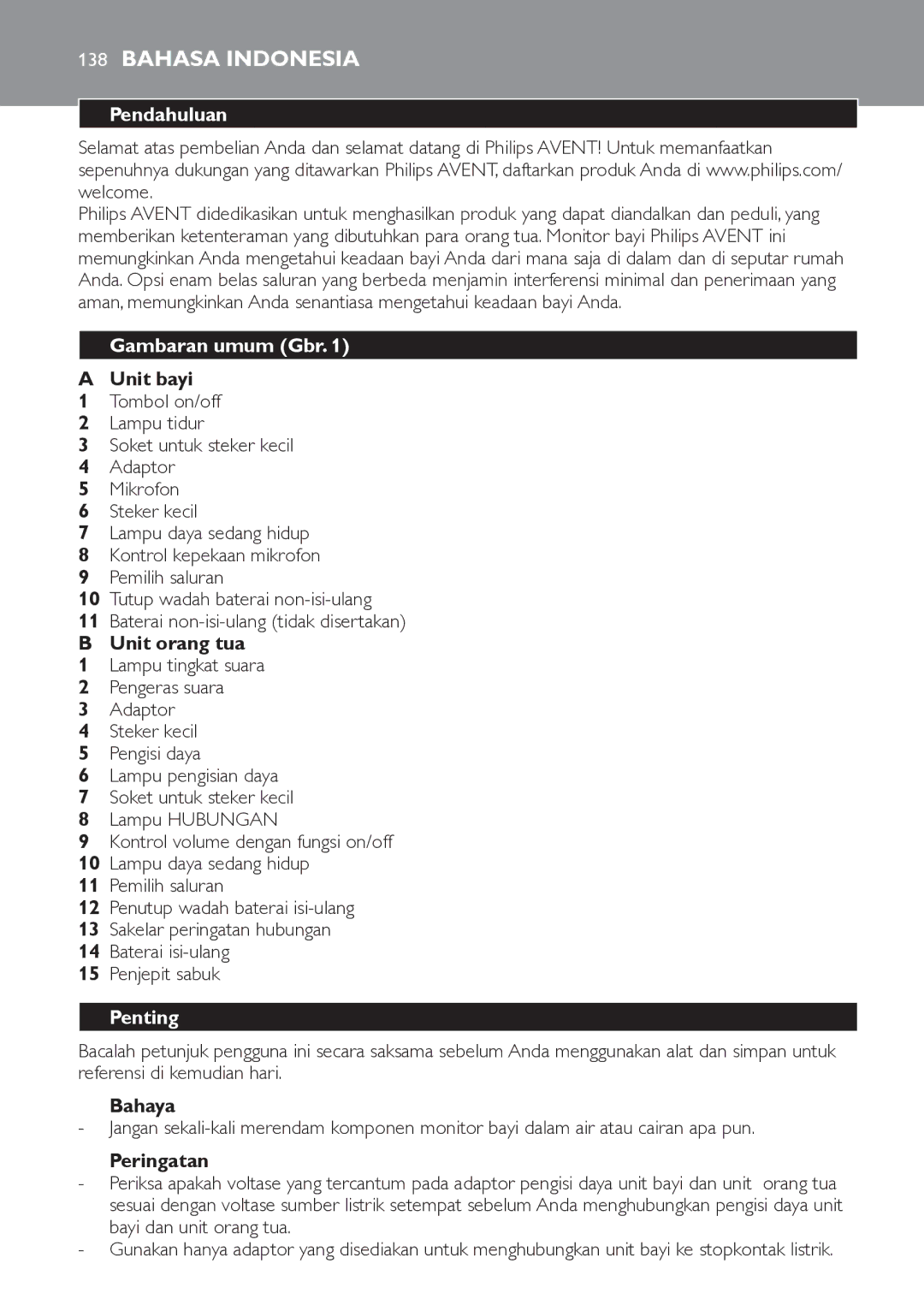 Philips SCD481 manual Bahasa Indonesia, Pendahuluan, Gambaran umum Gbr, Penting 