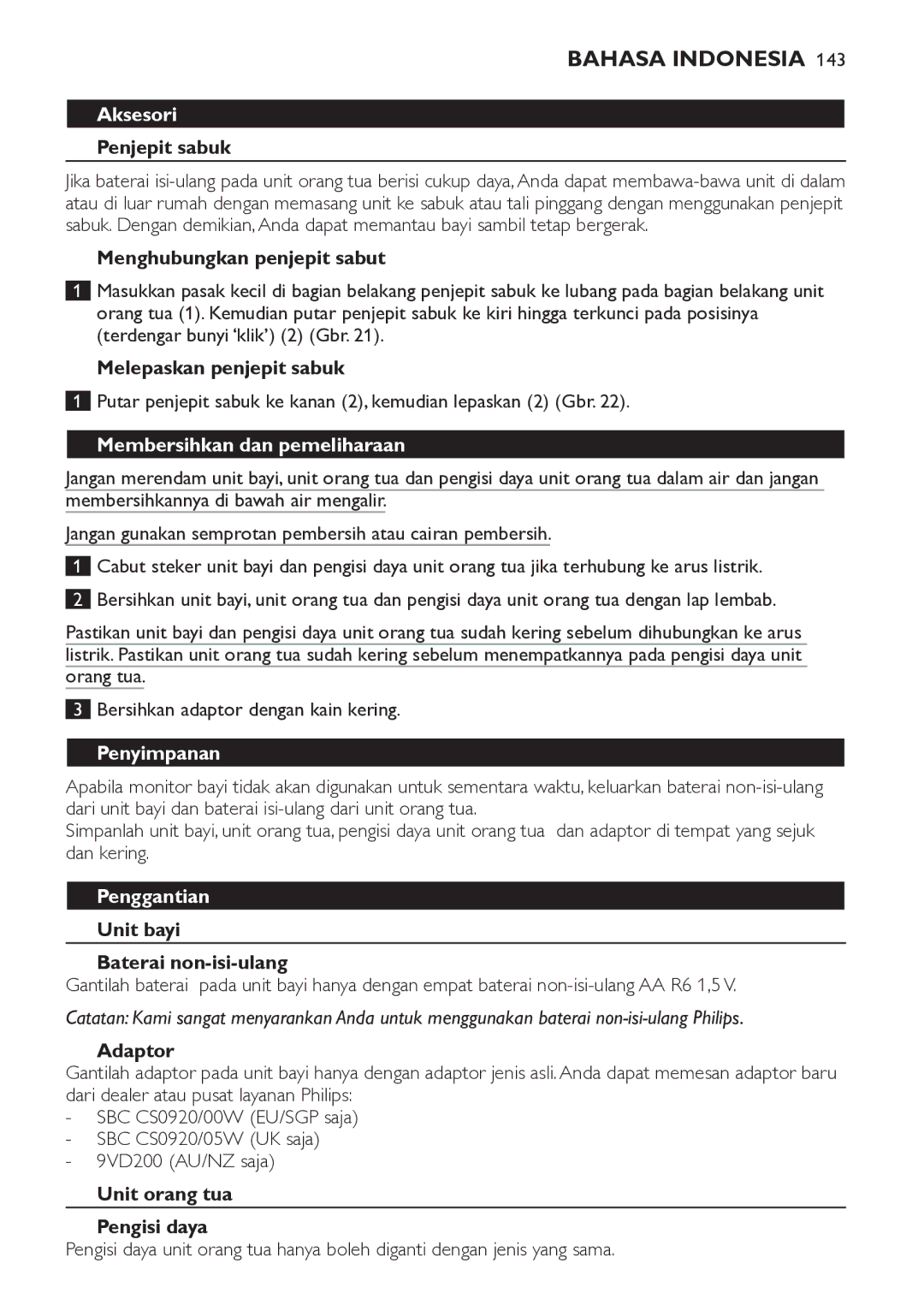 Philips SCD481 manual Aksesori, Membersihkan dan pemeliharaan, Penyimpanan, Penggantian 