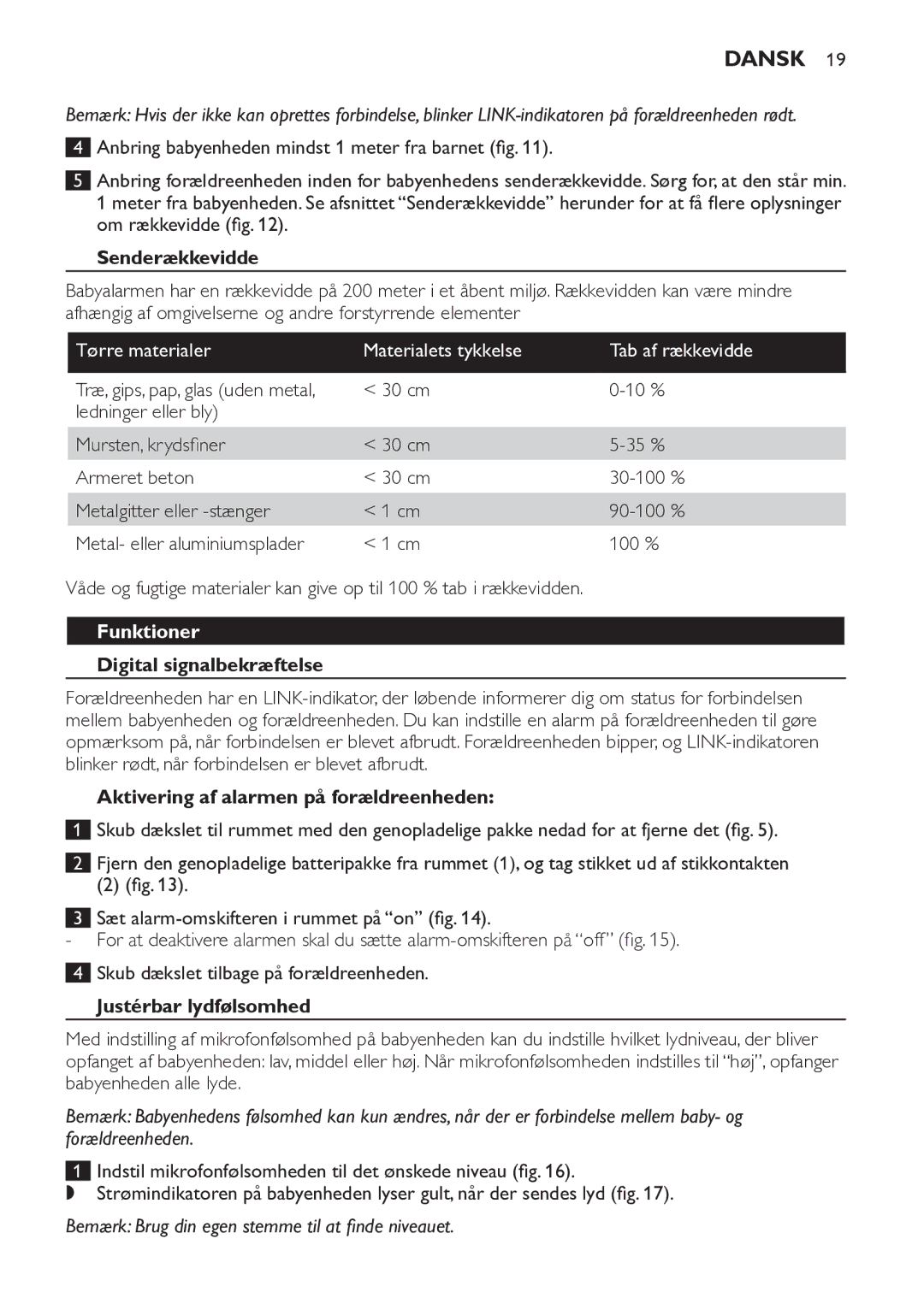 Philips SCD481 manual Senderækkevidde, Funktioner, Digital signalbekræftelse, Aktivering af alarmen på forældreenheden 