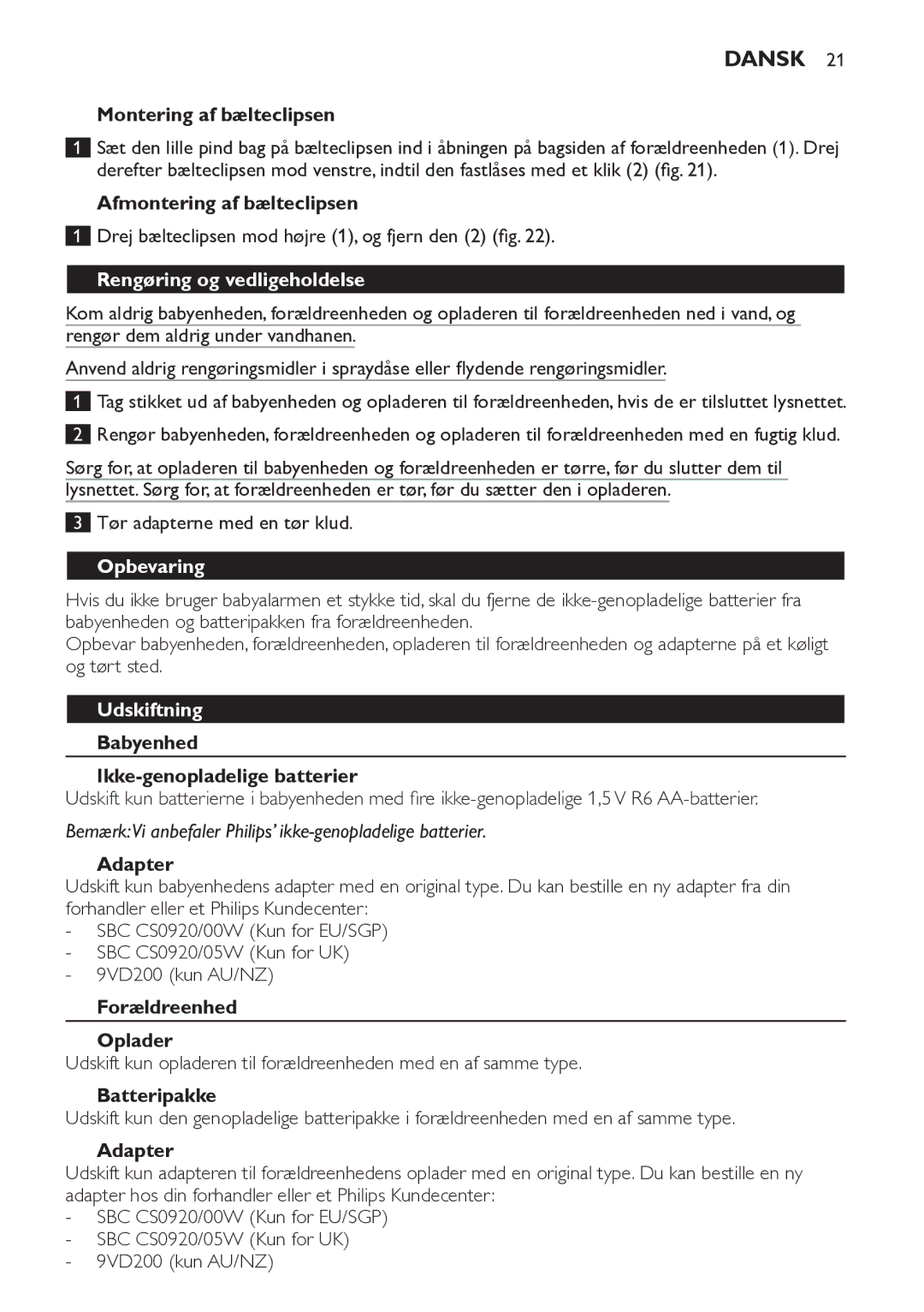 Philips SCD481 manual Rengøring og vedligeholdelse, Opbevaring, Udskiftning 