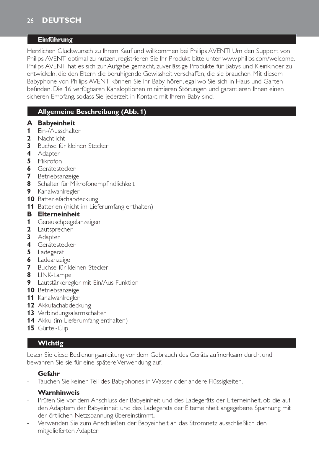 Philips SCD481 manual Deutsch, Einführung Allgemeine Beschreibung Abb, Wichtig 