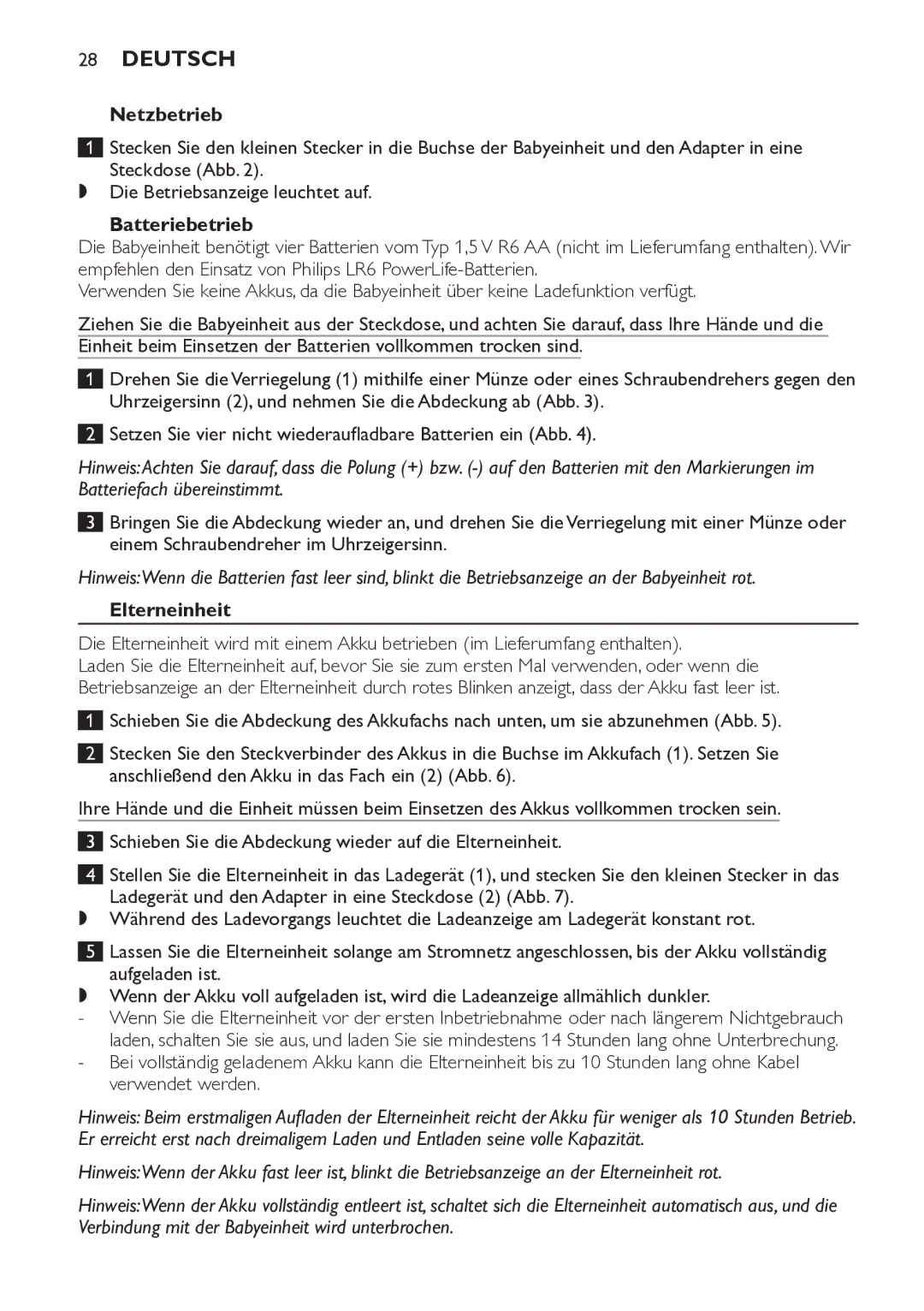 Philips SCD481 manual Netzbetrieb, Batteriebetrieb 