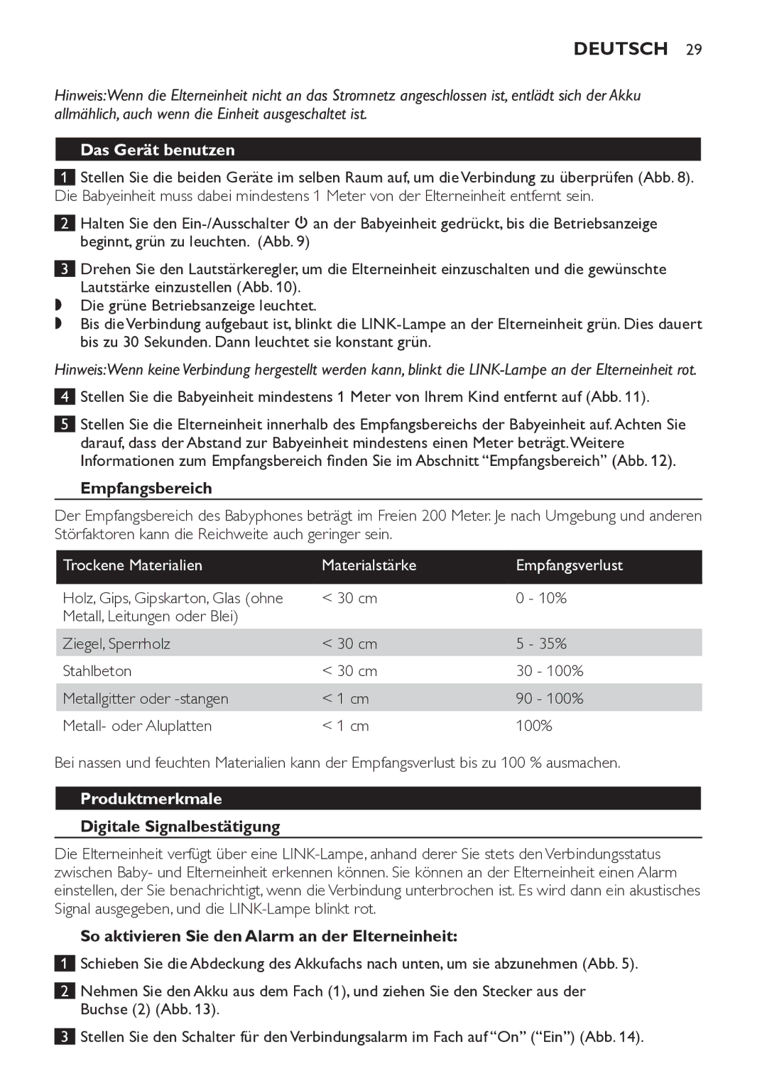 Philips SCD481 manual Das Gerät benutzen, Empfangsbereich, Produktmerkmale, Digitale Signalbestätigung 