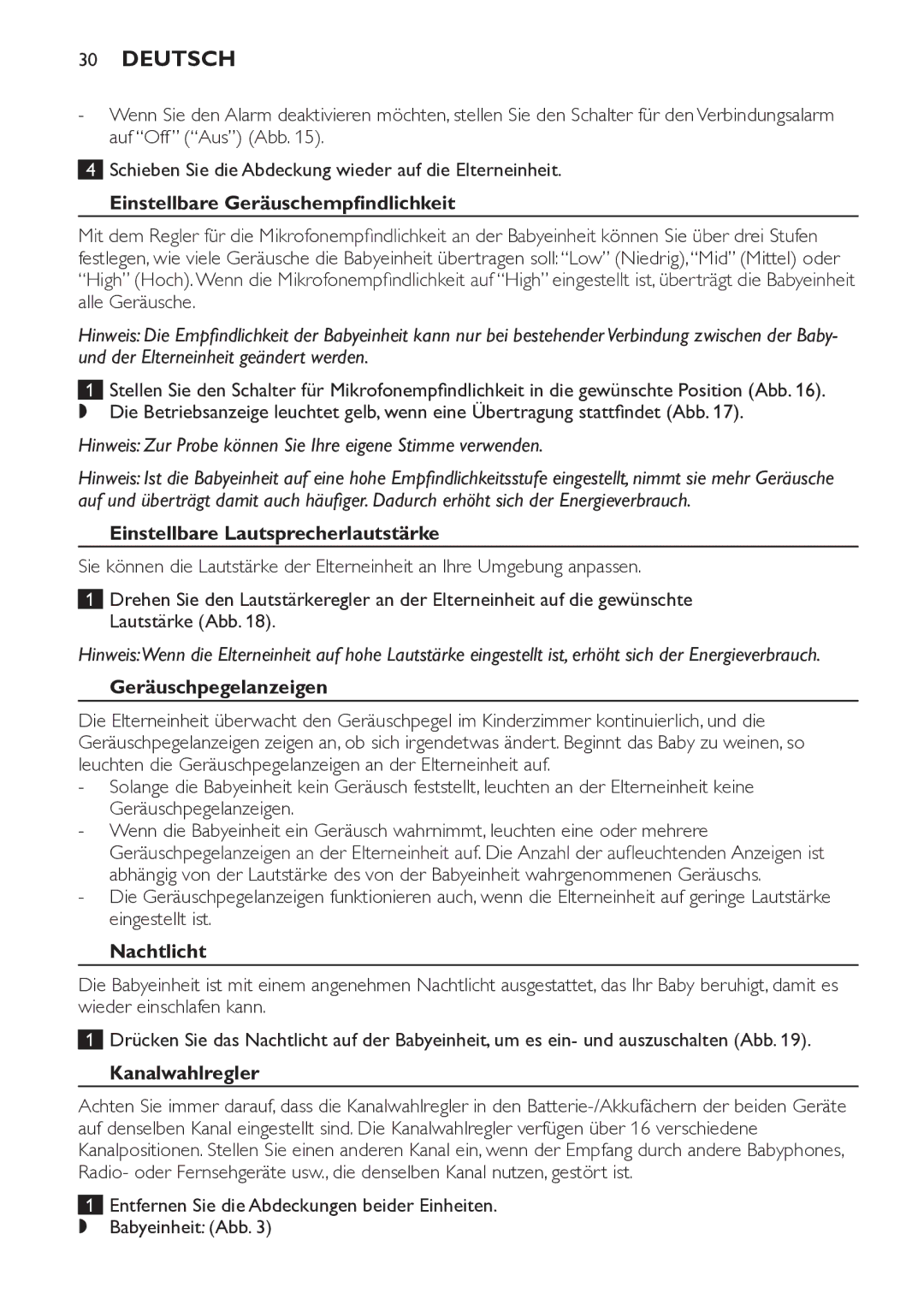 Philips SCD481 manual Einstellbare Geräuschempfindlichkeit, Einstellbare Lautsprecherlautstärke, Geräuschpegelanzeigen 