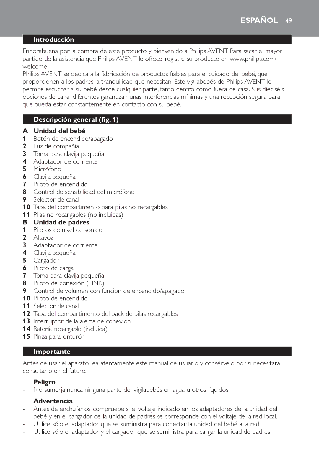 Philips SCD481 manual Español, Introducción, Descripción general, Importante 