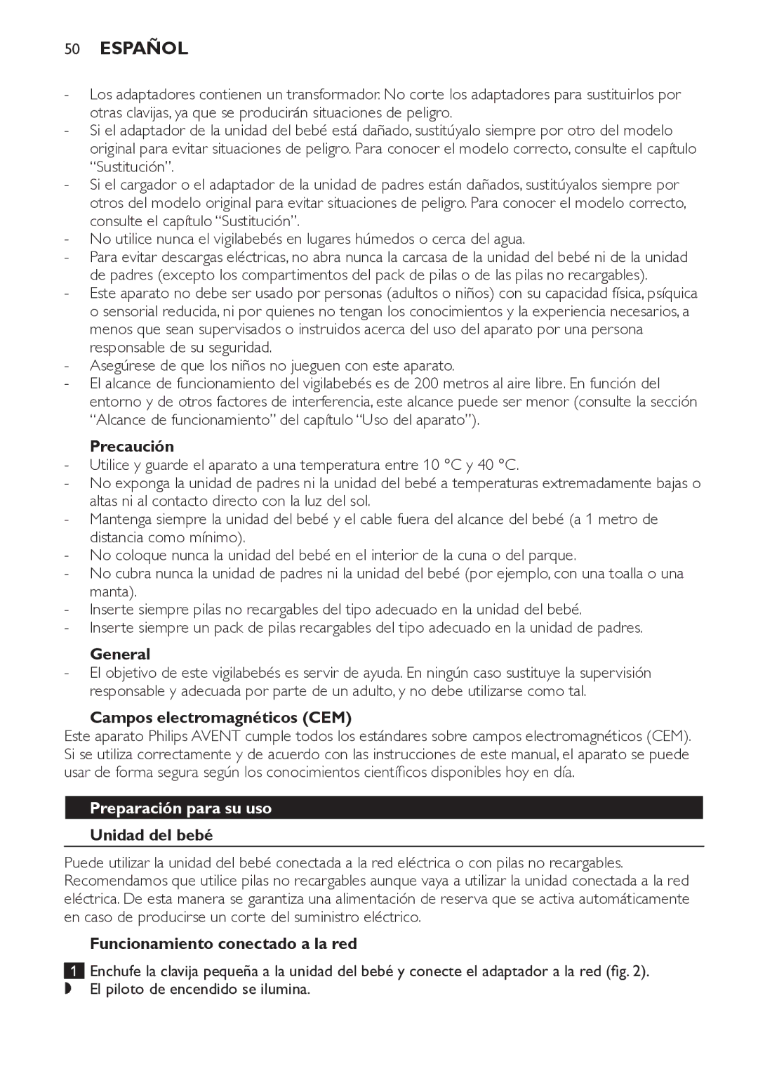 Philips SCD481 manual Español, Precaución, Campos electromagnéticos CEM, Preparación para su uso 