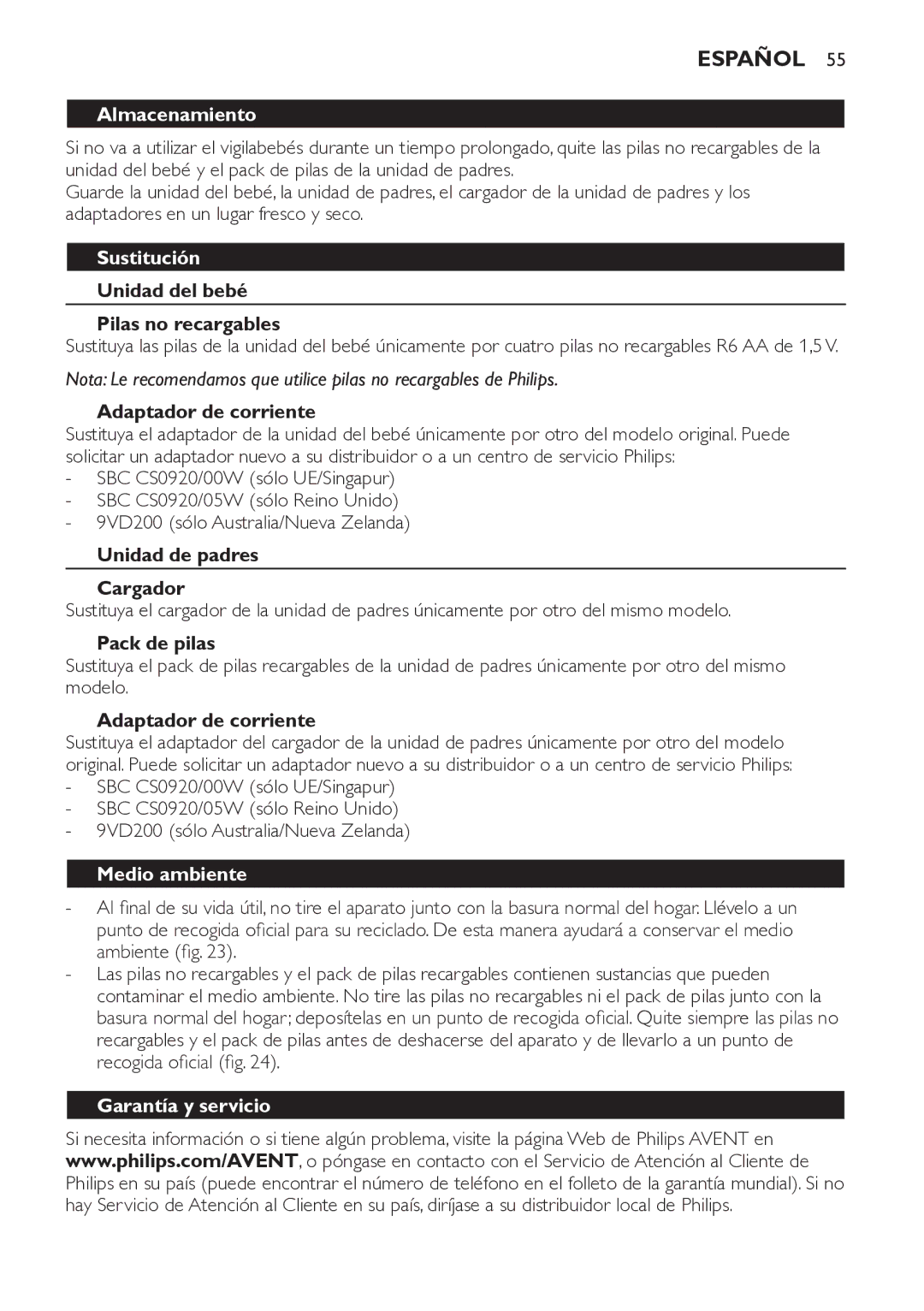 Philips SCD481 manual Almacenamiento, Sustitución, Medio ambiente, Garantía y servicio 