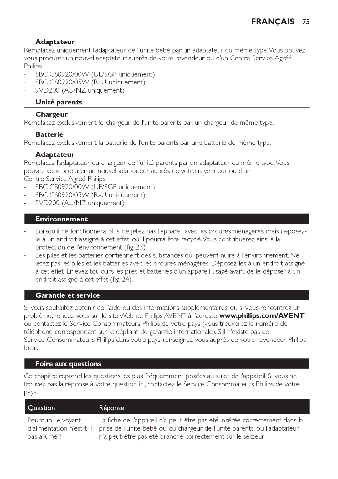 Philips SCD481 manual Adaptateur, Unité parents Chargeur, Batterie, Environnement, Garantie et service Foire aux questions 