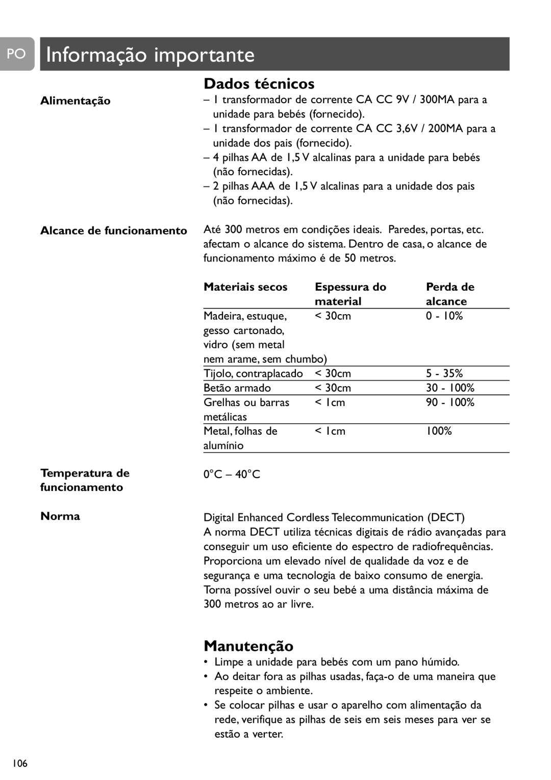 Philips SCD487 user manual PO Informação importante, Dados técnicos, Manutenção, Alimentação, Alcance de funcionamento 