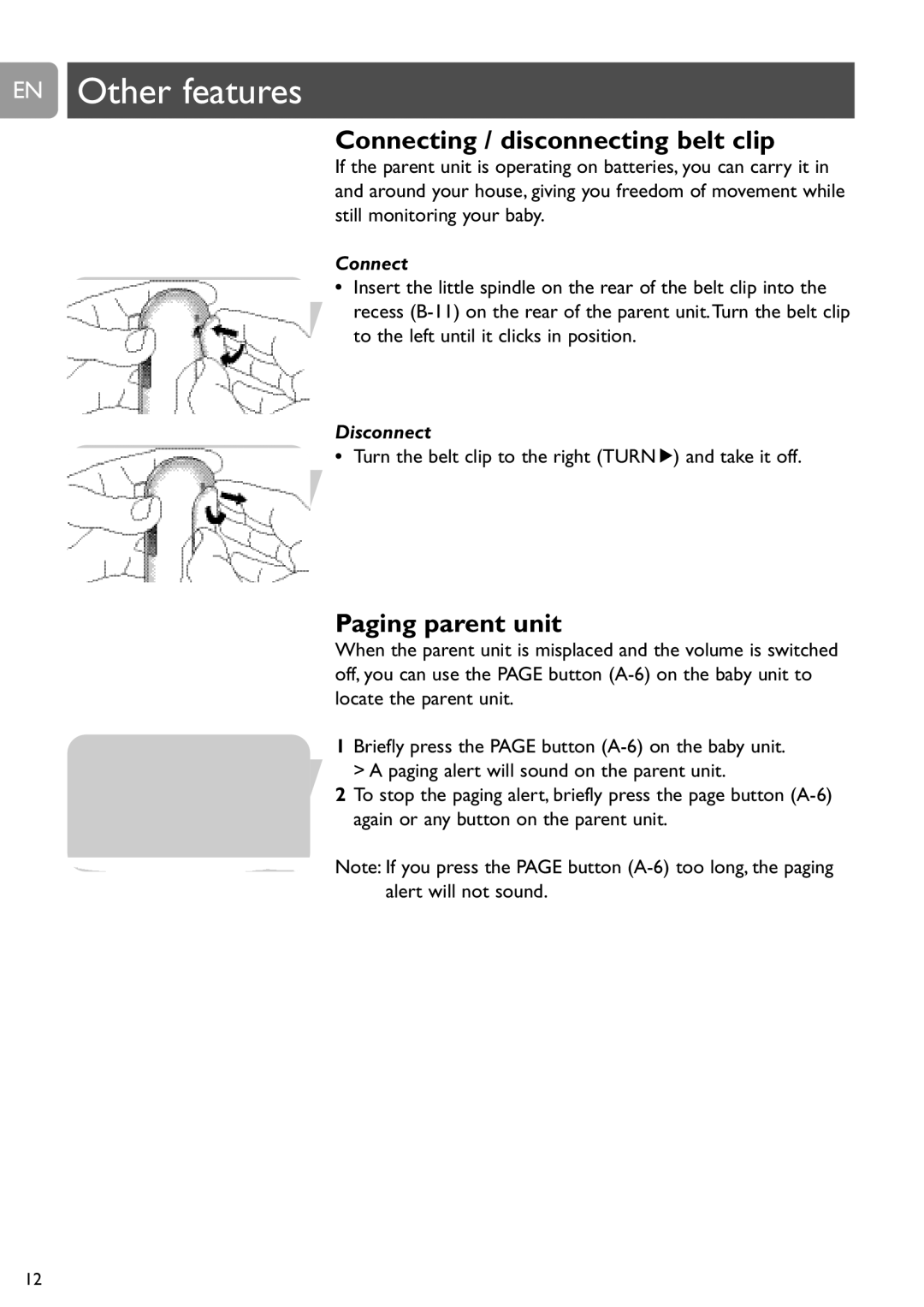 Philips SCD487 user manual Connecting / disconnecting belt clip, Paging parent unit 