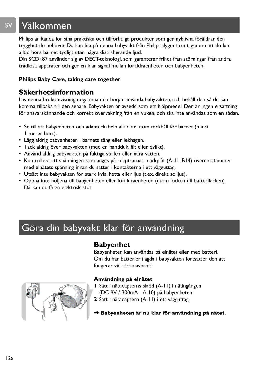 Philips SCD487 user manual SV Välkommen, Göra din babyvakt klar för användning, Säkerhetsinformation, Användning på elnätet 