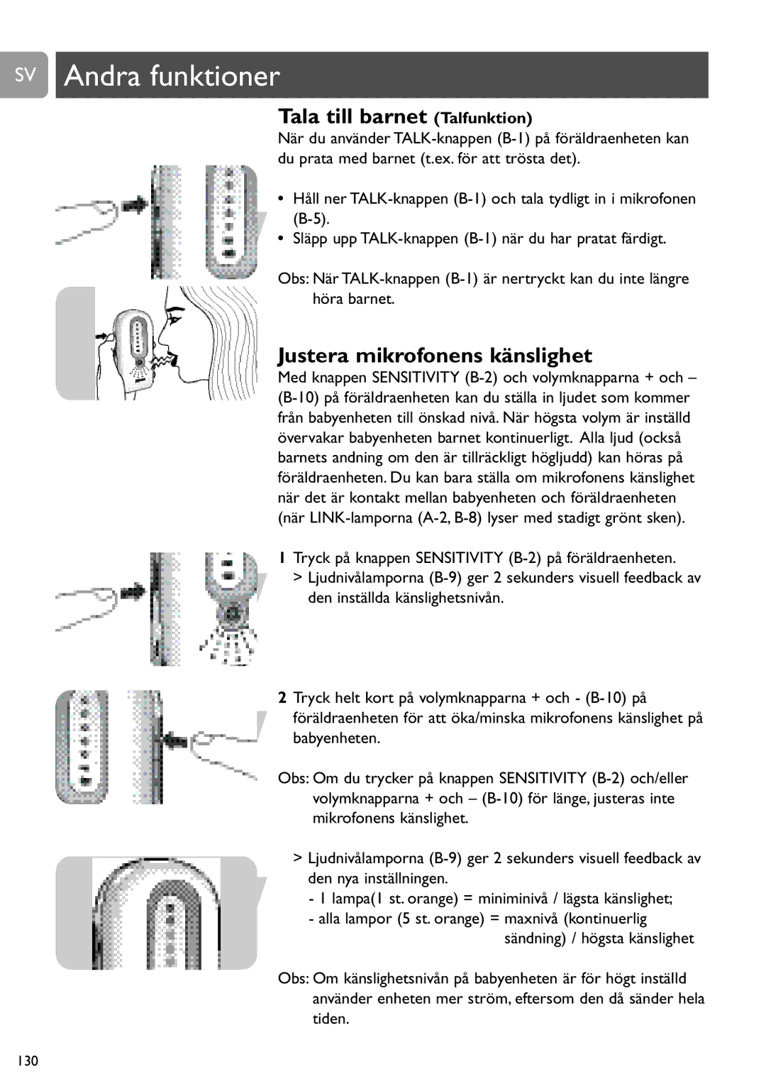 Philips SCD487 user manual SV Andra funktioner, Tala till barnet Talfunktion, Justera mikrofonens känslighet 