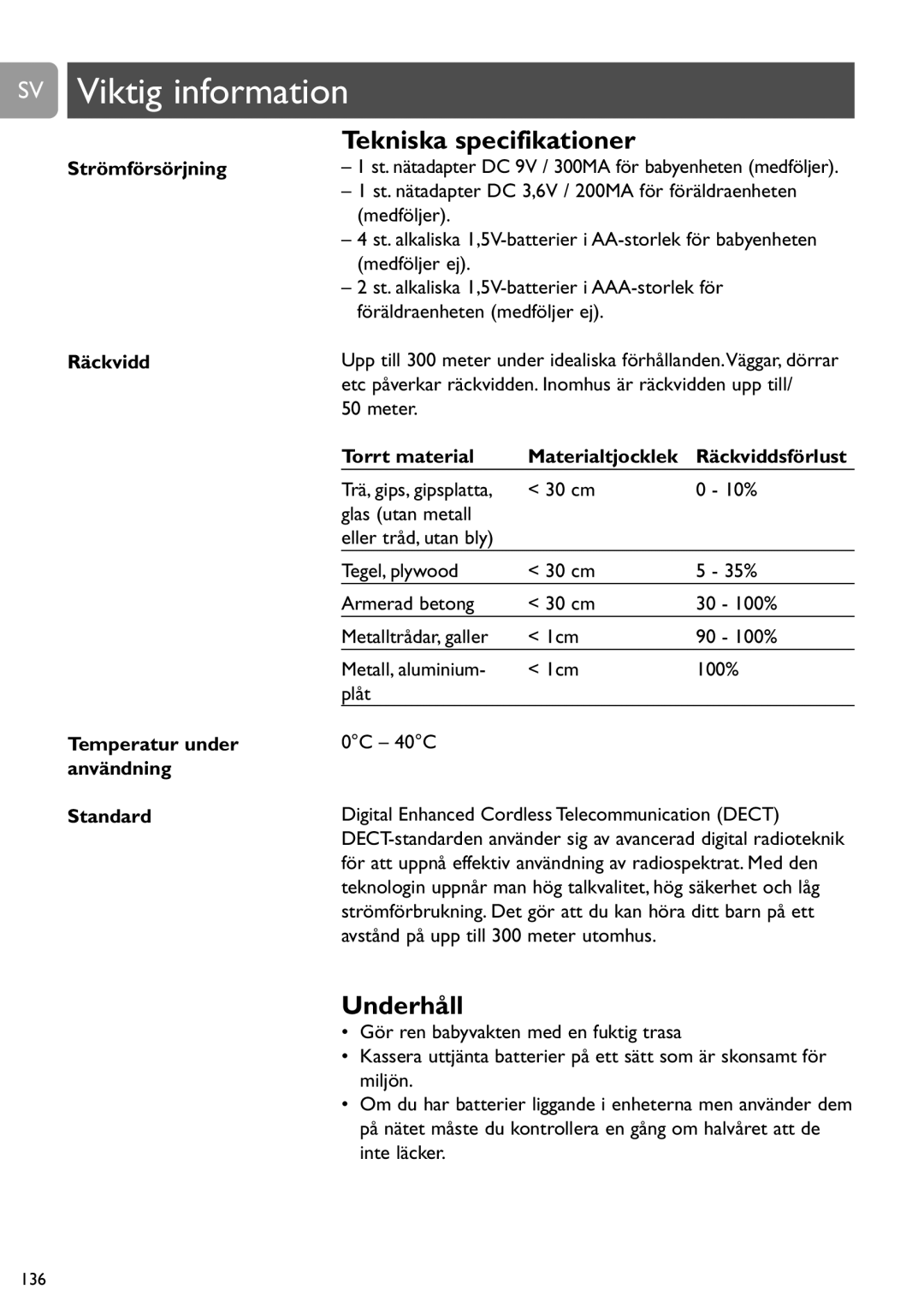 Philips SCD487 user manual SV Viktig information, Tekniska specifikationer, Underhåll, Strömförsörjning, Räckvidd 