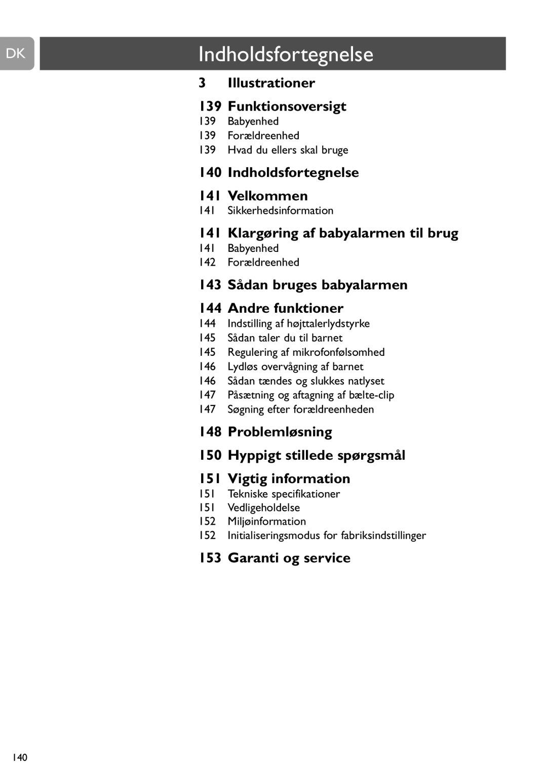 Philips SCD487 DKIndholdsfortegnelse, Babyenhed 139 Forældreenhed Hvad du ellers skal bruge, Sikkerhedsinformation 