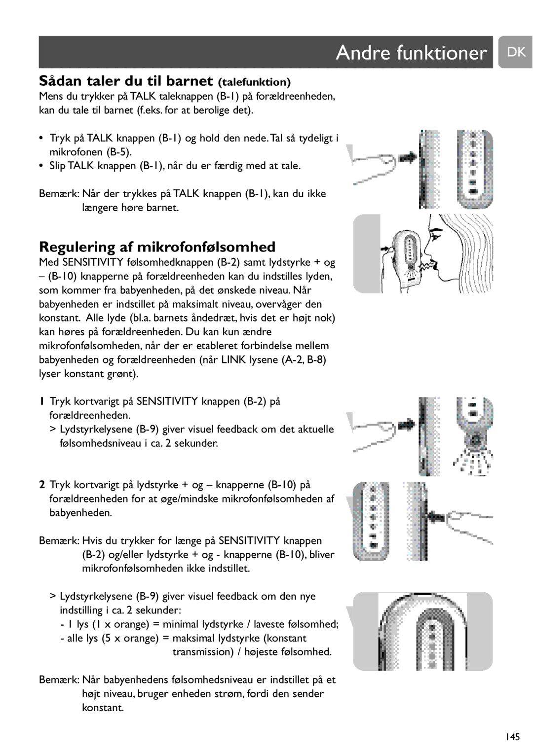 Philips SCD487 user manual Andre funktioner DK, Sådan taler du til barnet talefunktion, Regulering af mikrofonfølsomhed 