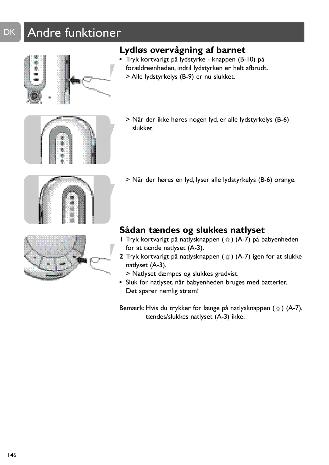 Philips SCD487 user manual DK Andre funktioner, Lydløs overvågning af barnet, Sådan tændes og slukkes natlyset 