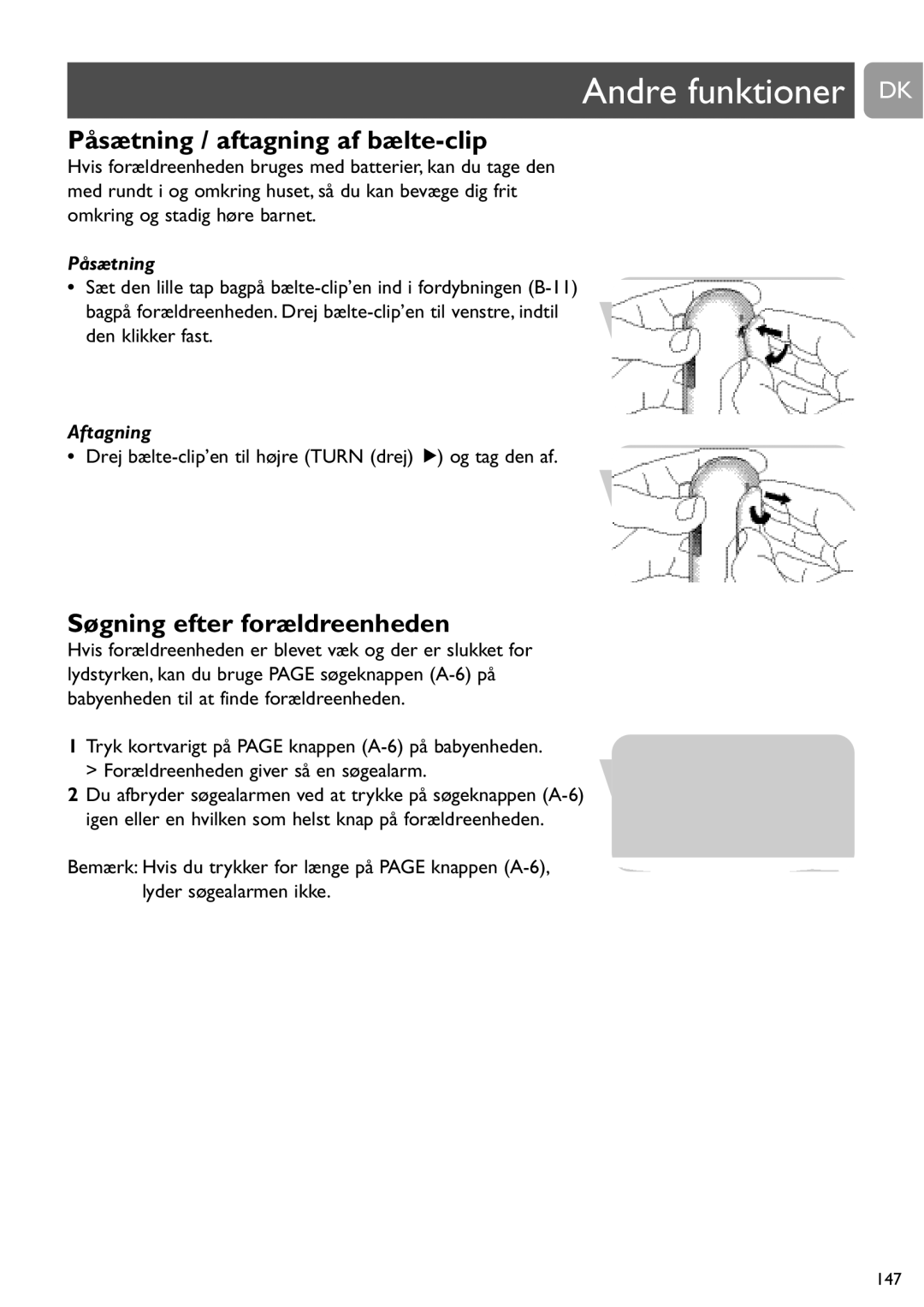 Philips SCD487 user manual Påsætning / aftagning af bælte-clip, Søgning efter forældreenheden 