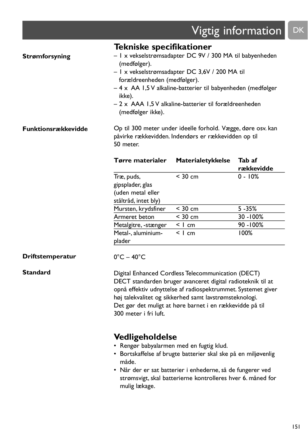 Philips SCD487 user manual Vigtig information DK, Tekniske specifikationer, Vedligeholdelse 