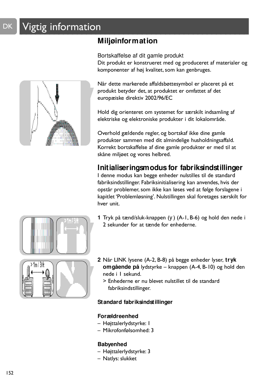 Philips SCD487 DK Vigtig information, Miljøinformation, Initialiseringsmodus for fabriksindstillinger, Babyenhed 