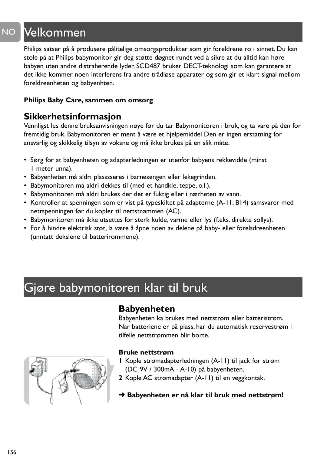 Philips SCD487 user manual No Velkommen, Gjøre babymonitoren klar til bruk, Sikkerhetsinformasjon, Babyenheten 