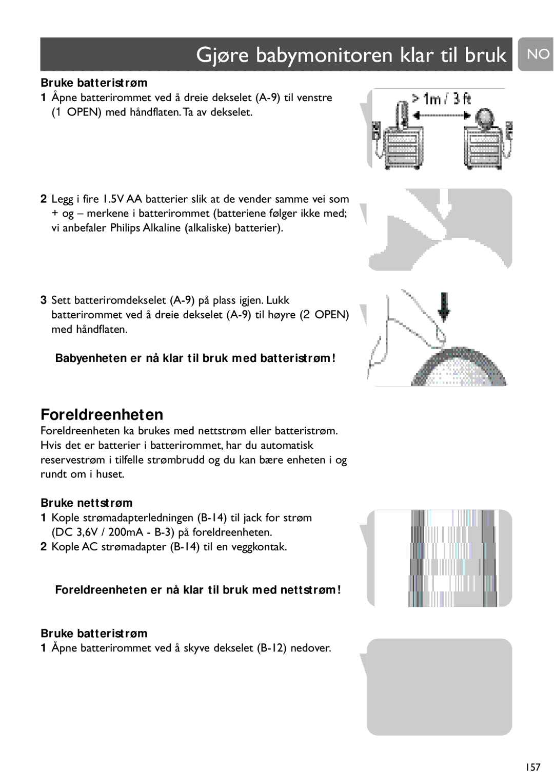 Philips SCD487 user manual Gjøre babymonitoren klar til bruk no, Foreldreenheten, Bruke batteristrøm 