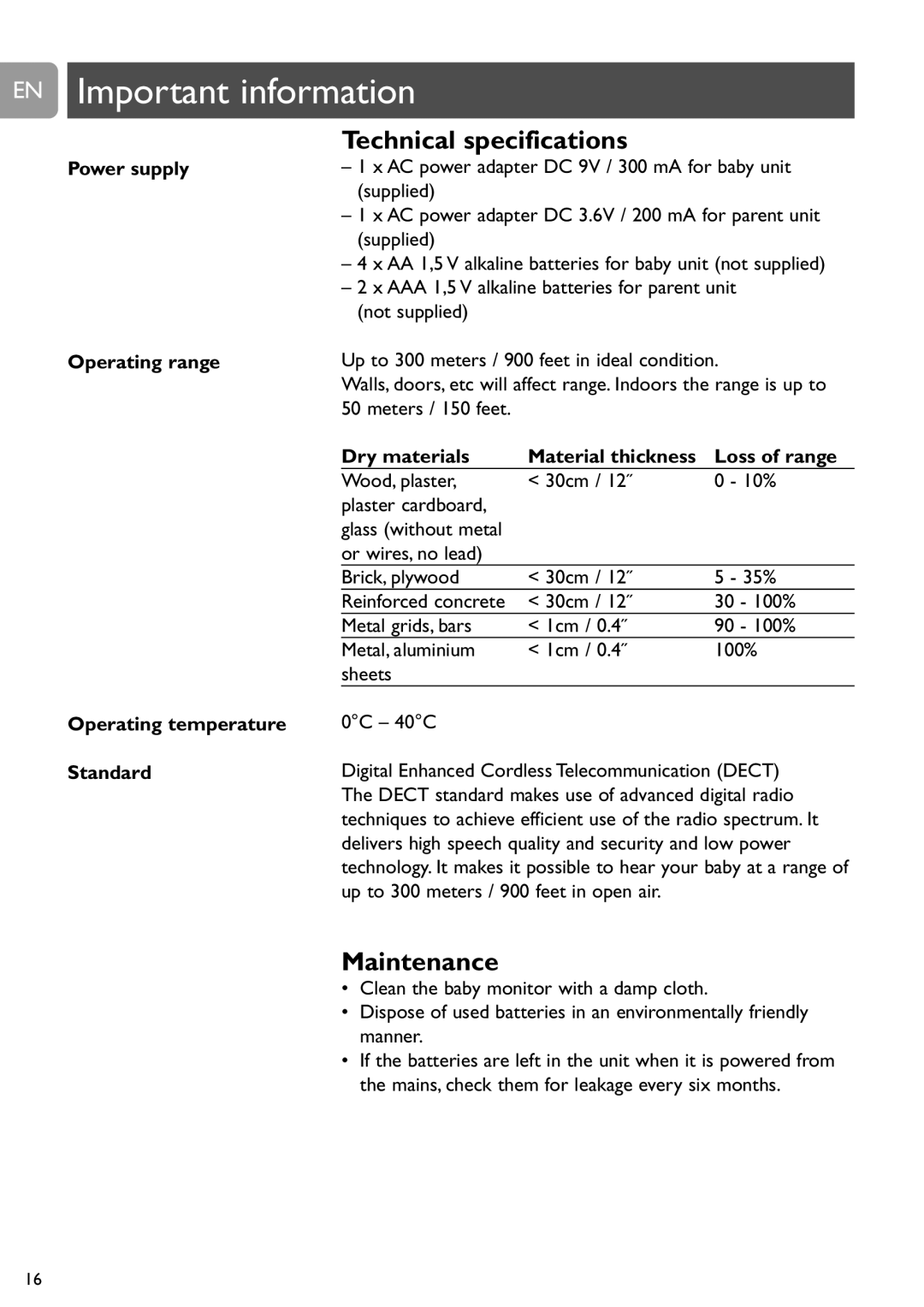 Philips SCD487 user manual EN Important information, Technical specifications, Maintenance, Power supply, Operating range 