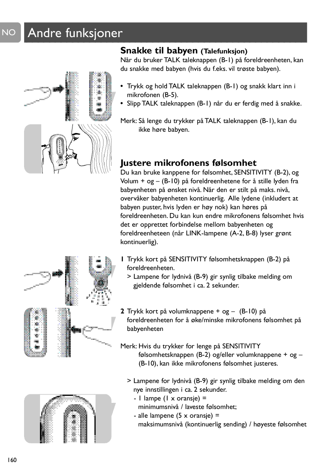 Philips SCD487 user manual No Andre funksjoner, Snakke til babyen Talefunksjon, Justere mikrofonens følsomhet 