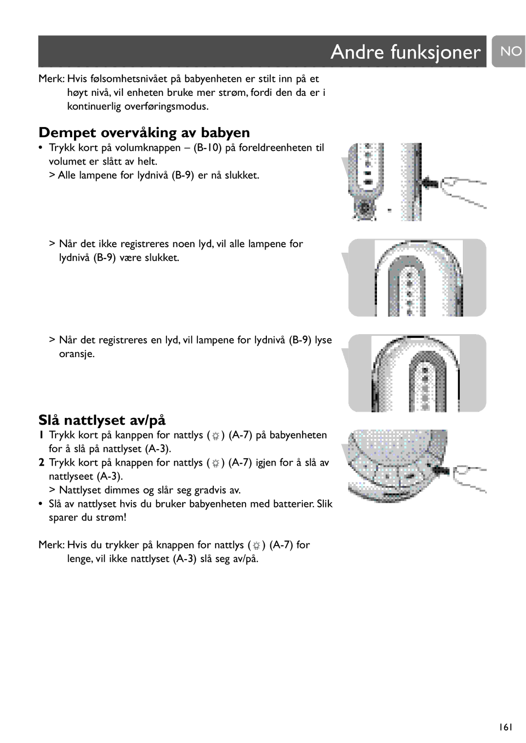 Philips SCD487 user manual Andre funksjoner no, Dempet overvåking av babyen, Slå nattlyset av/på 