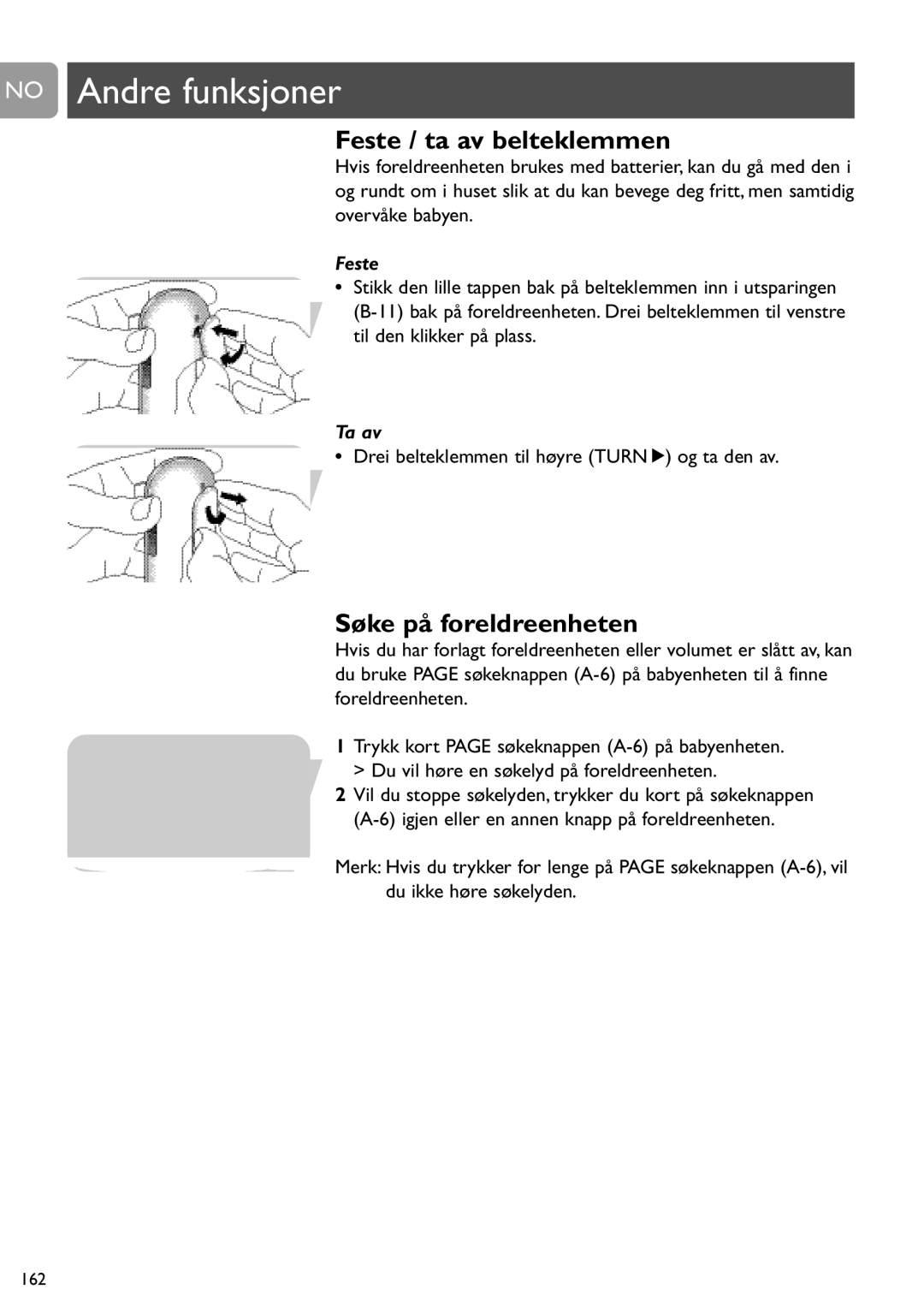 Philips SCD487 Feste / ta av belteklemmen, Søke på foreldreenheten, Drei belteklemmen til høyre Turn 2 og ta den av 