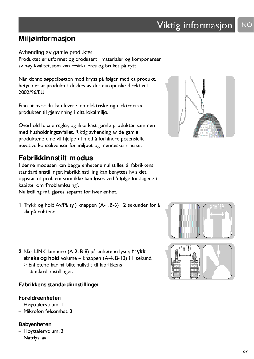 Philips SCD487 user manual Viktig informasjon no, Miljøinformasjon, Fabrikkinnstilt modus, Babyenheten 