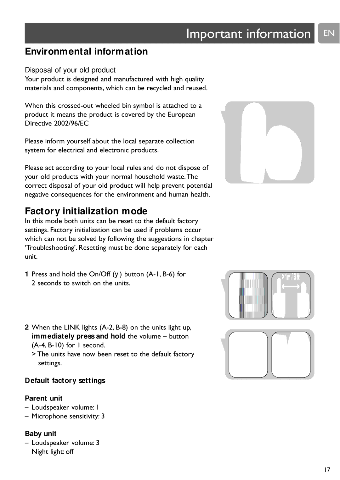 Philips SCD487 user manual Important information EN, Environmental information, Factory initialization mode, Baby unit 