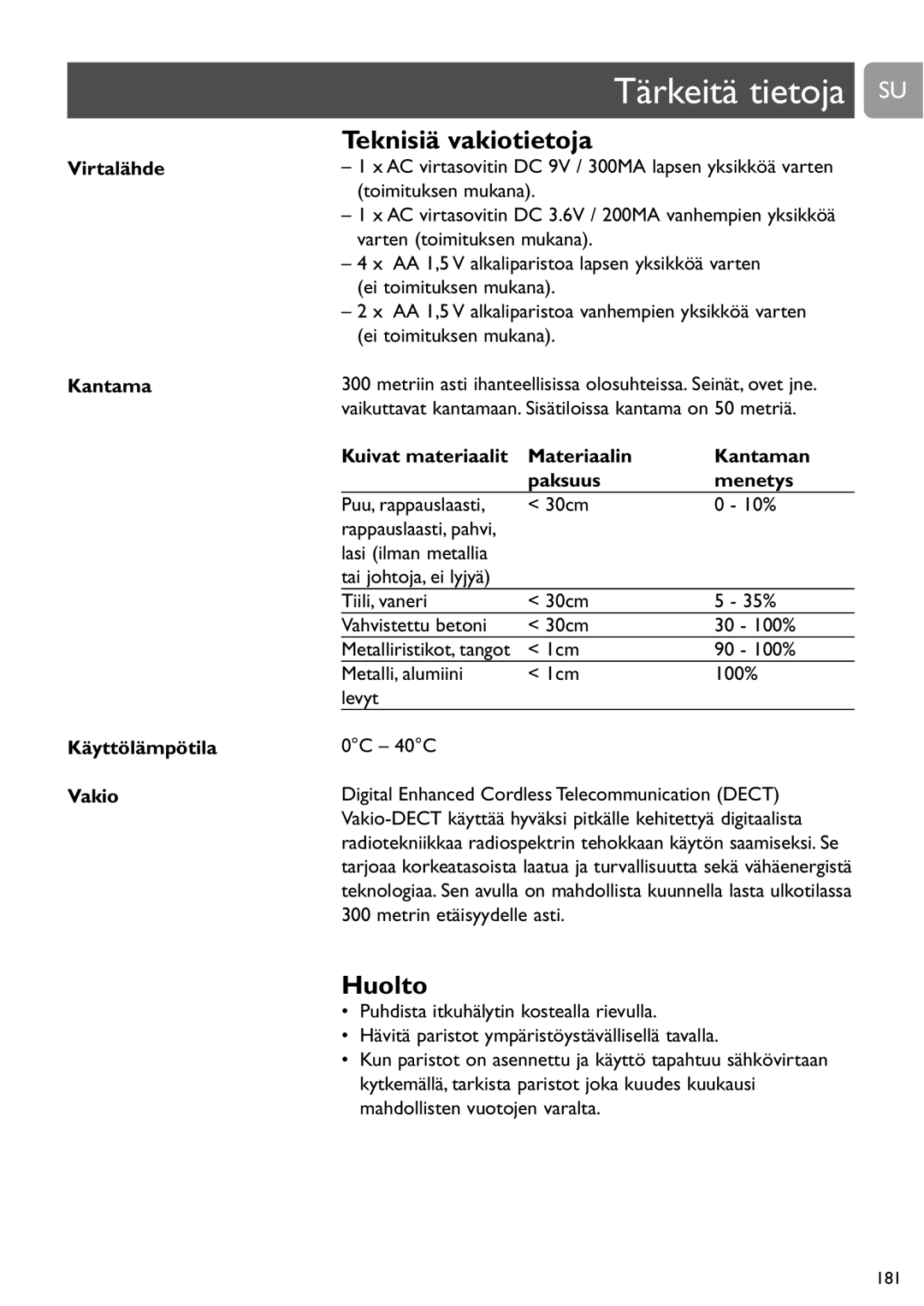 Philips SCD487 user manual Tärkeitä tietoja SU, Teknisiä vakiotietoja, Huolto, Virtalähde Kantama Käyttölämpötila Vakio 