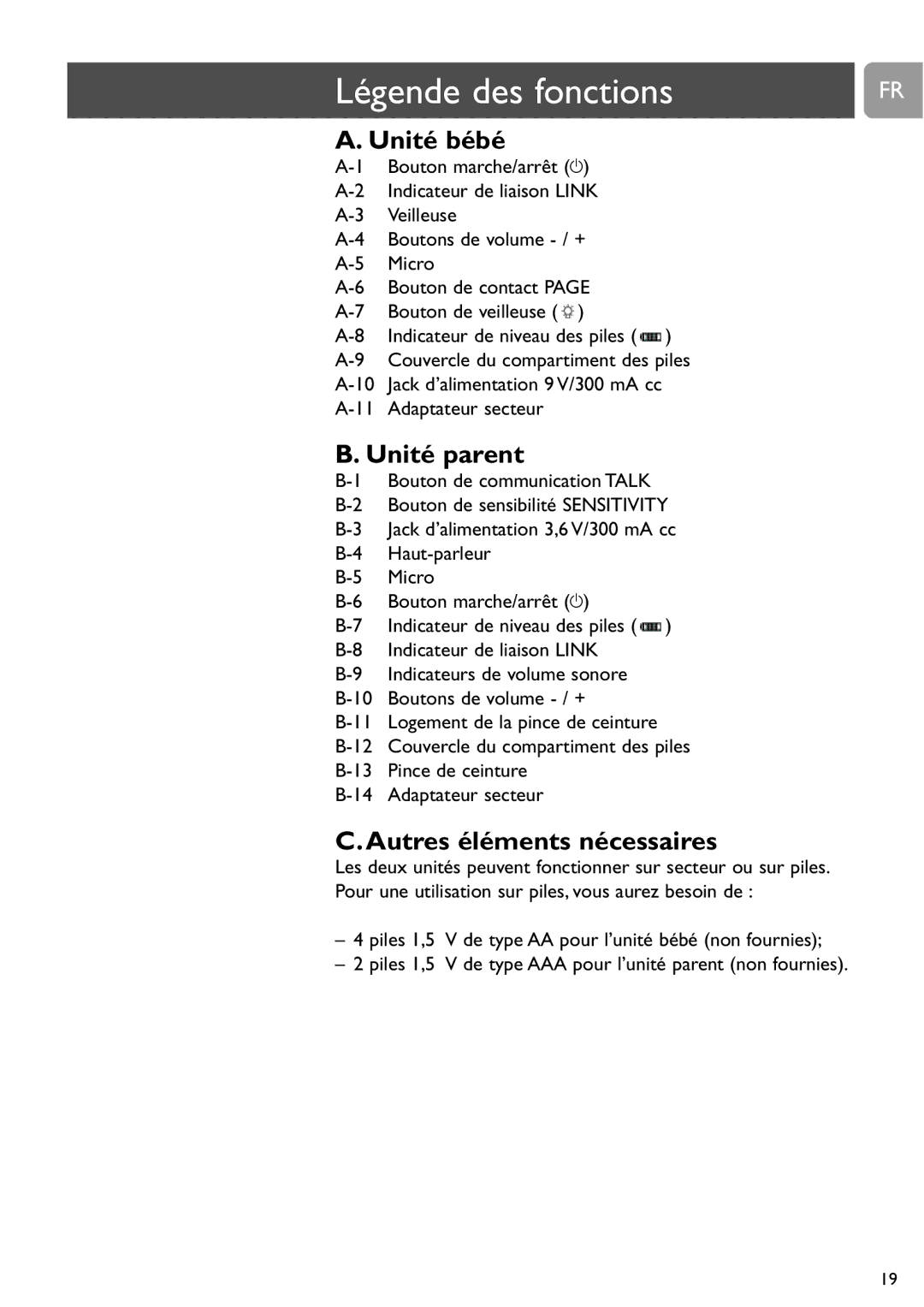 Philips SCD487 user manual Légende des fonctions, Unité bébé, Unité parent, Autres éléments nécessaires 