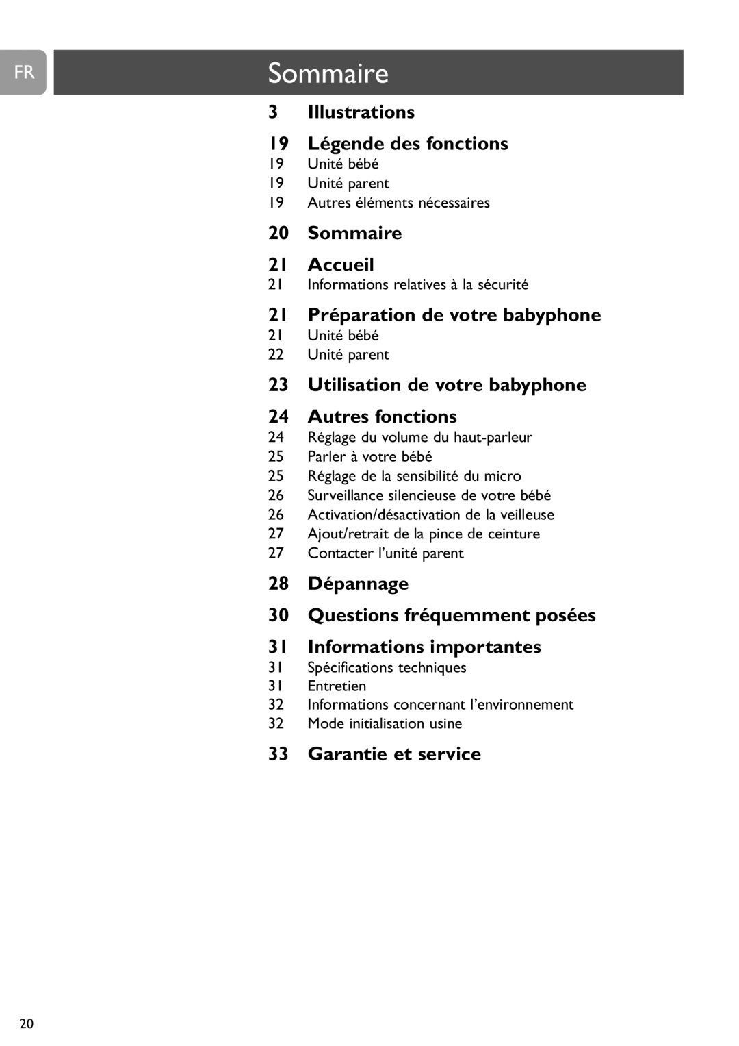 Philips SCD487 FRSommaire, Unité bébé Unité parent Autres éléments nécessaires, Informations relatives à la sécurité 