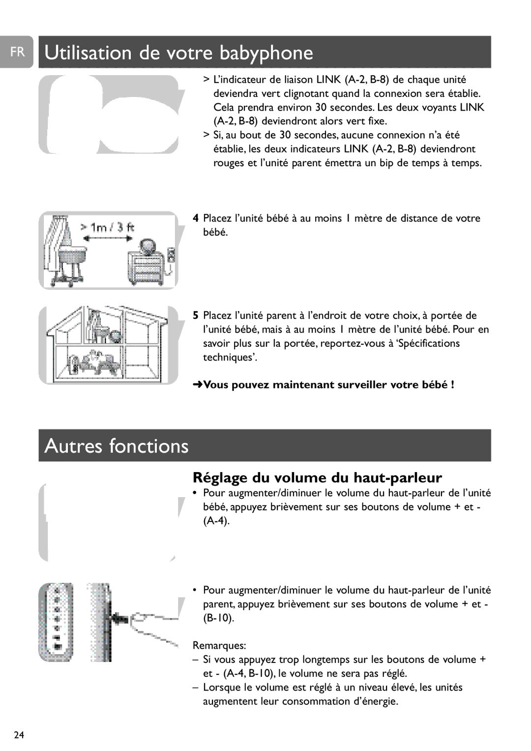 Philips SCD487 user manual FR Utilisation de votre babyphone, Autres fonctions, Réglage du volume du haut-parleur 