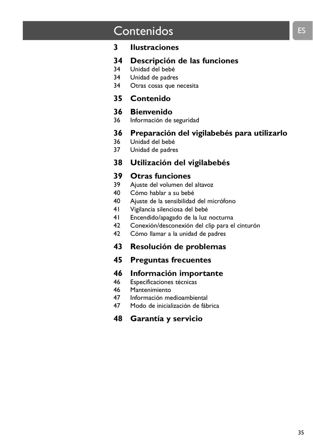 Philips SCD487 user manual Contenidos, Unidad del bebé Unidad de padres Otras cosas que necesita, Información de seguridad 