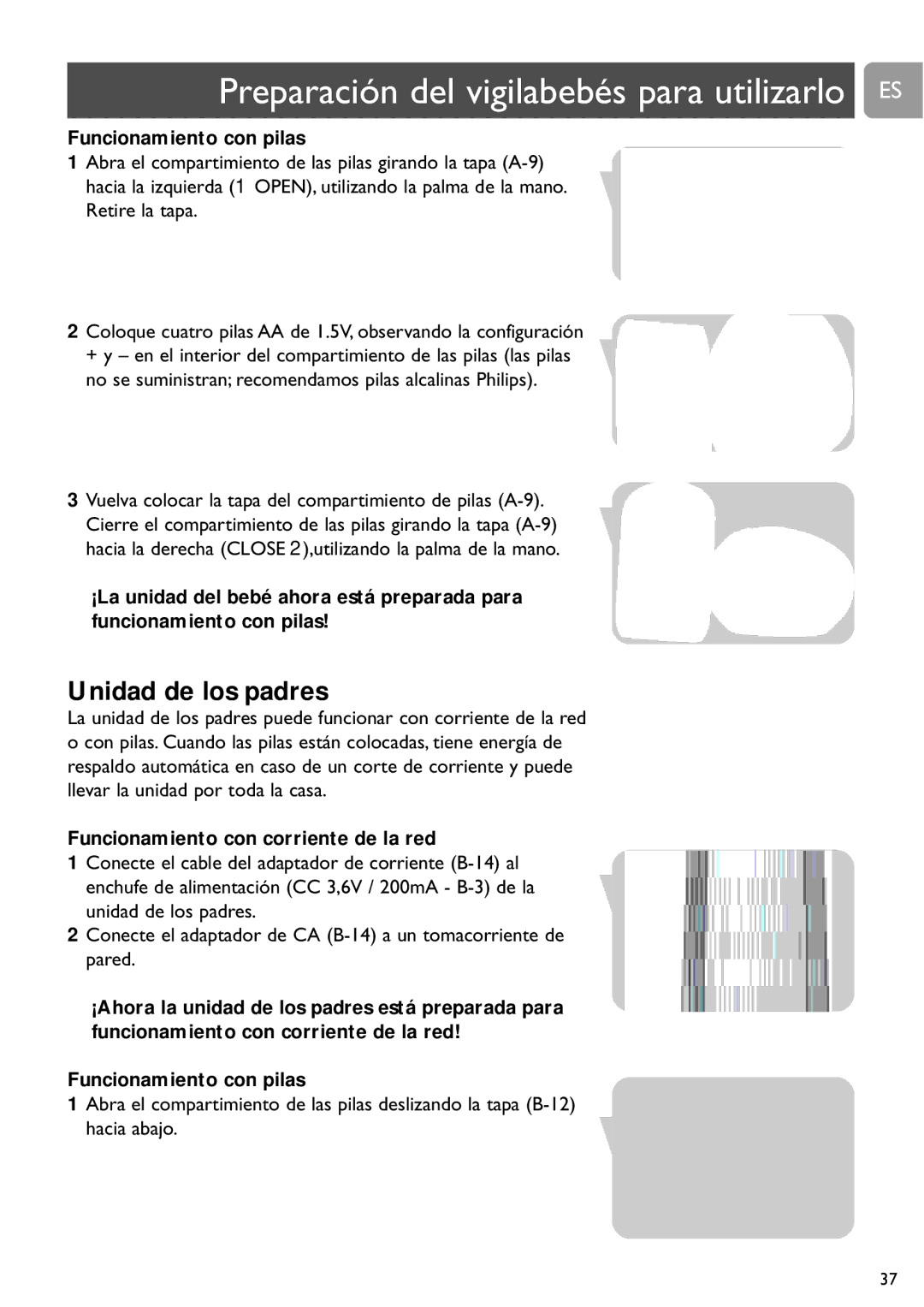 Philips SCD487 user manual Preparación del vigilabebés para utilizarlo ES, Unidad de los padres, Funcionamiento con pilas 