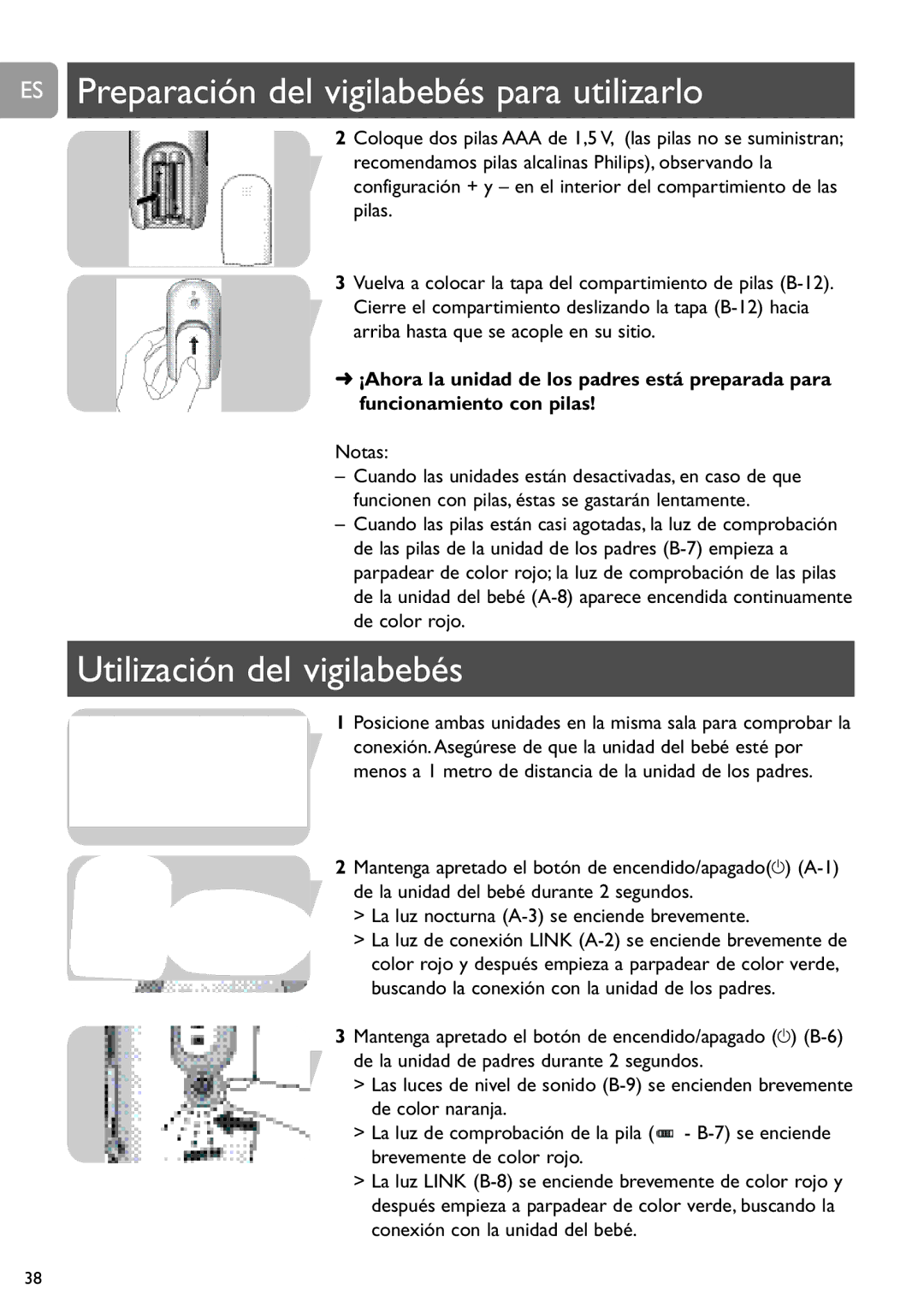 Philips SCD487 user manual ES Preparación del vigilabebés para utilizarlo, Utilización del vigilabebés, Notas 