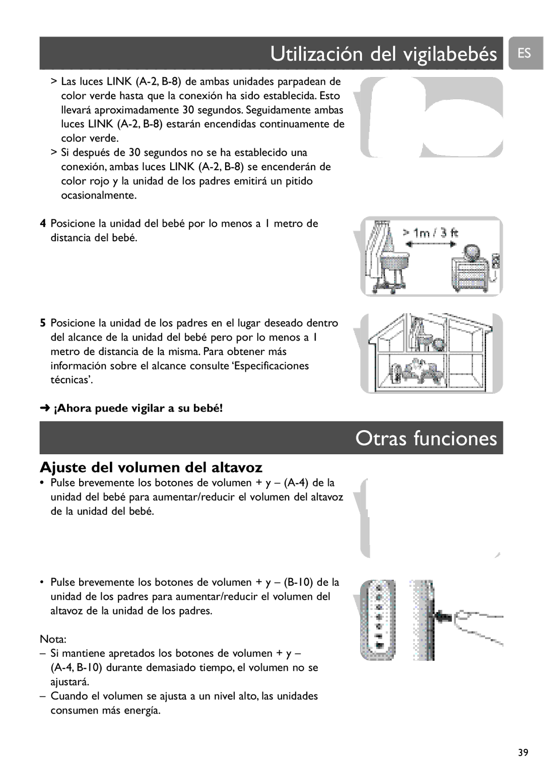 Philips SCD487 user manual Utilización del vigilabebés ES, Otras funciones, Ajuste del volumen del altavoz 