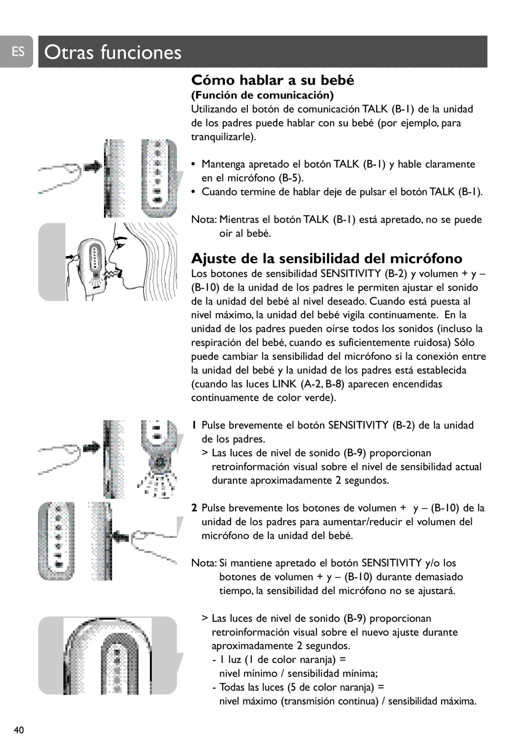 Philips SCD487 ES Otras funciones, Cómo hablar a su bebé, Ajuste de la sensibilidad del micrófono, Función de comunicación 