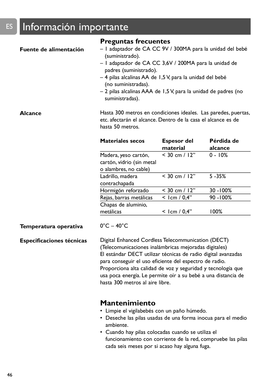 Philips SCD487 user manual ES Información importante, Mantenimiento, Fuente de alimentación, Alcance 