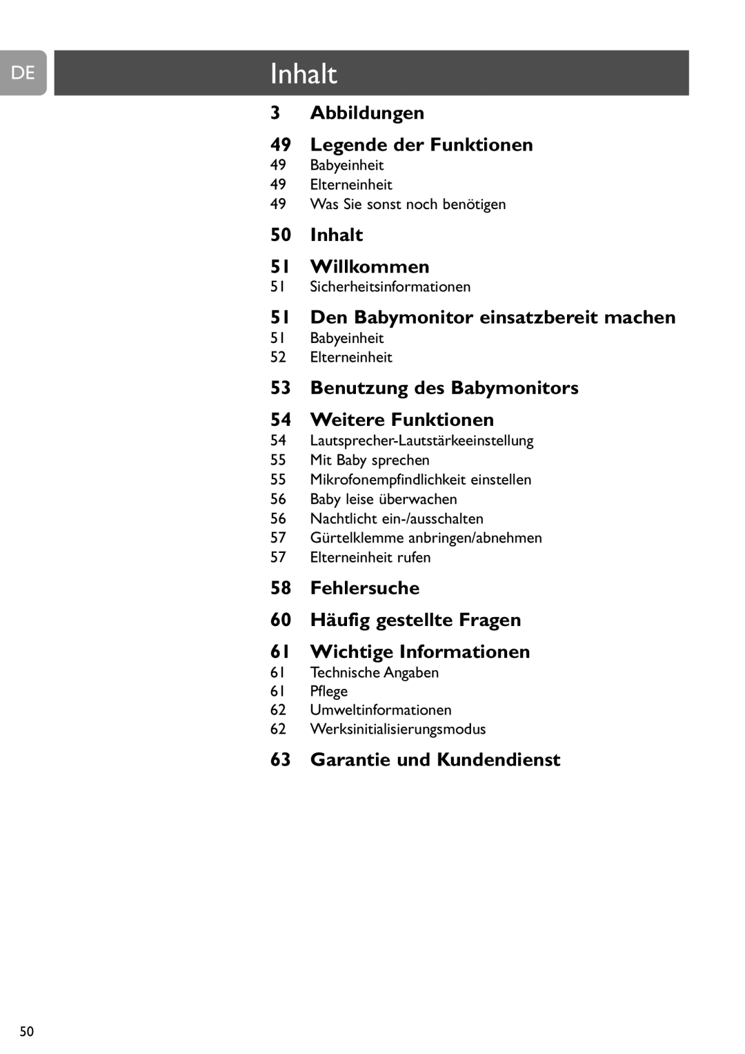 Philips SCD487 user manual DEInhalt, Babyeinheit Elterneinheit Was Sie sonst noch benötigen, Sicherheitsinformationen 