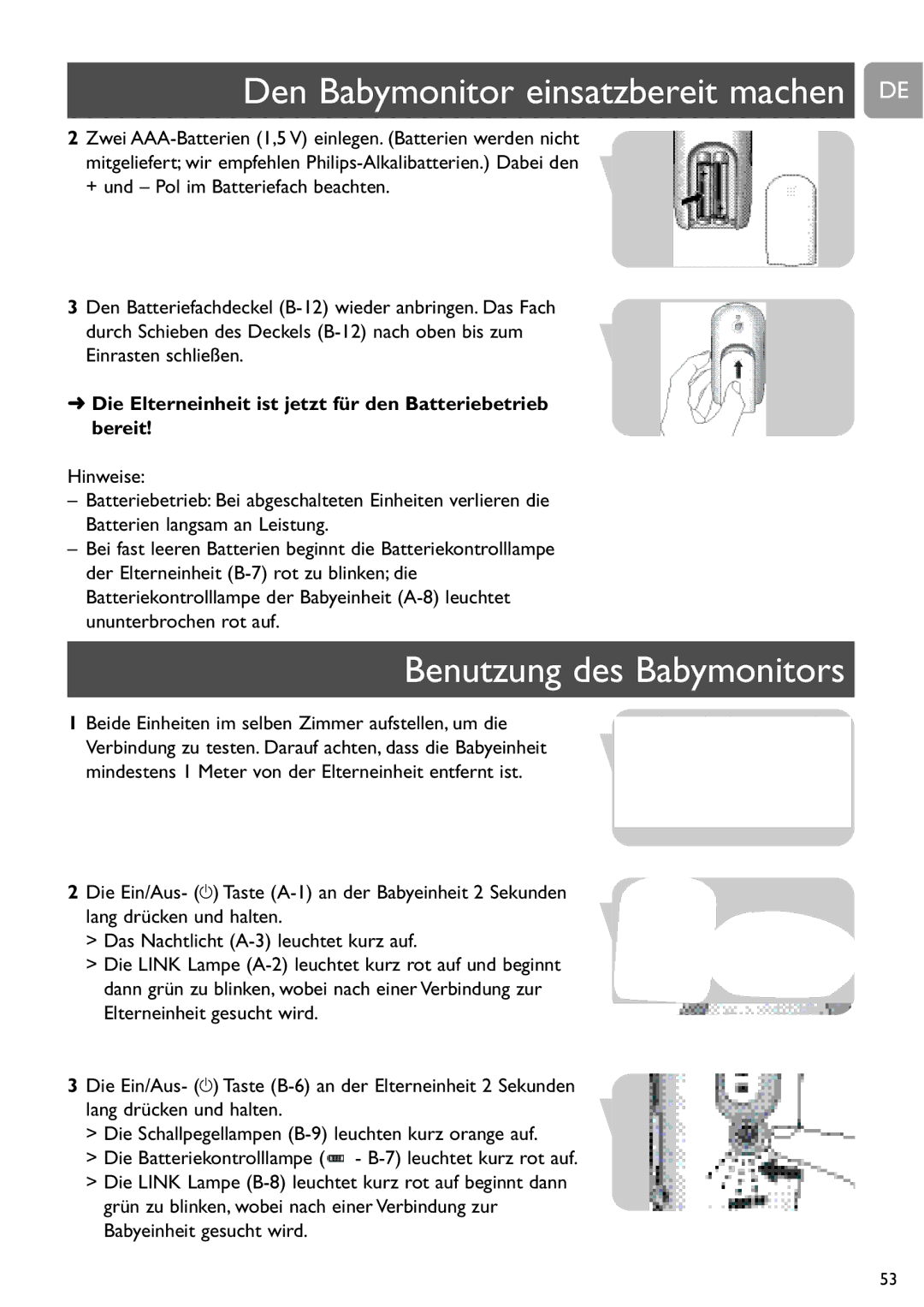 Philips SCD487 user manual Den Babymonitor einsatzbereit machen DE, Benutzung des Babymonitors 