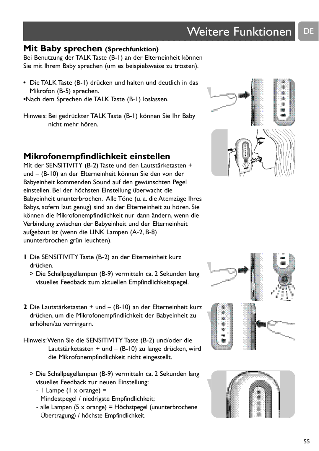 Philips SCD487 user manual Weitere Funktionen DE, Mit Baby sprechen Sprechfunktion, Mikrofonempfindlichkeit einstellen 