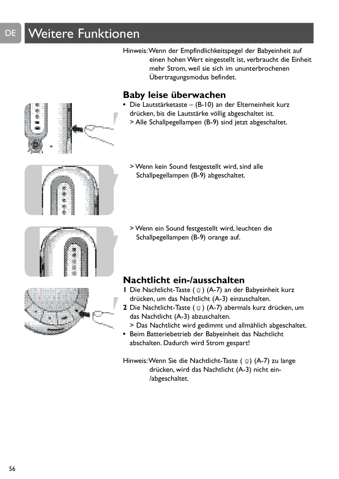 Philips SCD487 user manual DE Weitere Funktionen, Baby leise überwachen, Nachtlicht ein-/ausschalten 