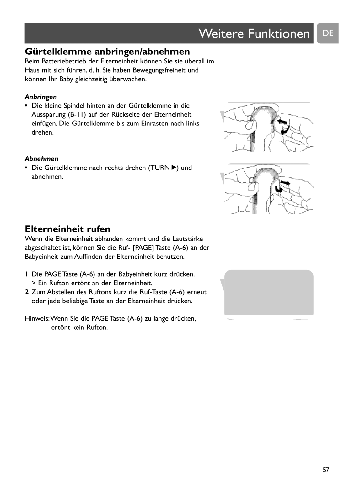 Philips SCD487 user manual Gürtelklemme anbringen/abnehmen, Elterneinheit rufen 