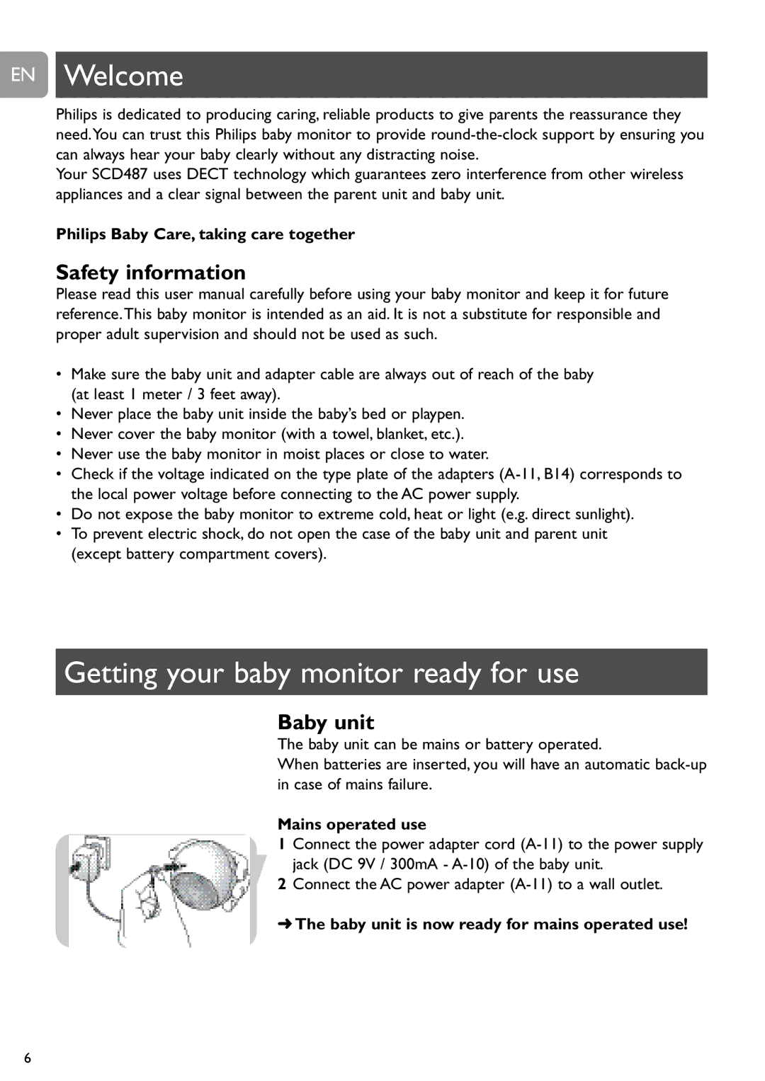 Philips SCD487 user manual EN Welcome, Getting your baby monitor ready for use, Safety information 