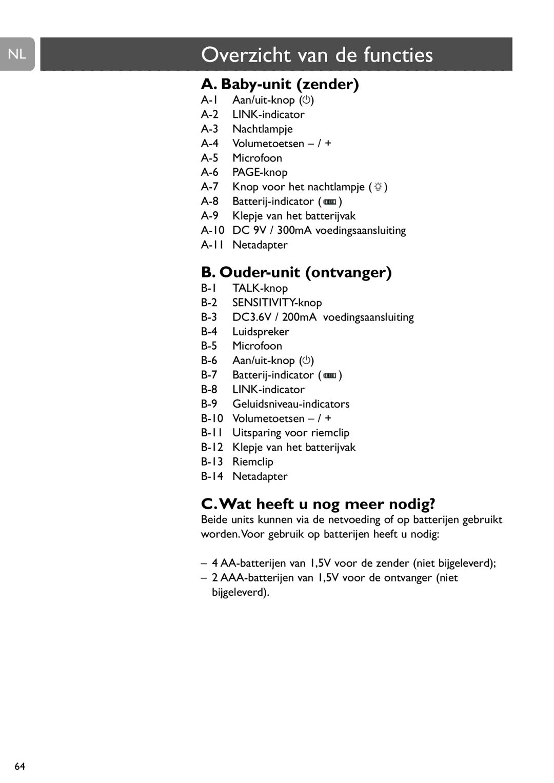 Philips SCD487 user manual Overzicht van de functies, Baby-unit zender, Ouder-unit ontvanger, Wat heeft u nog meer nodig? 