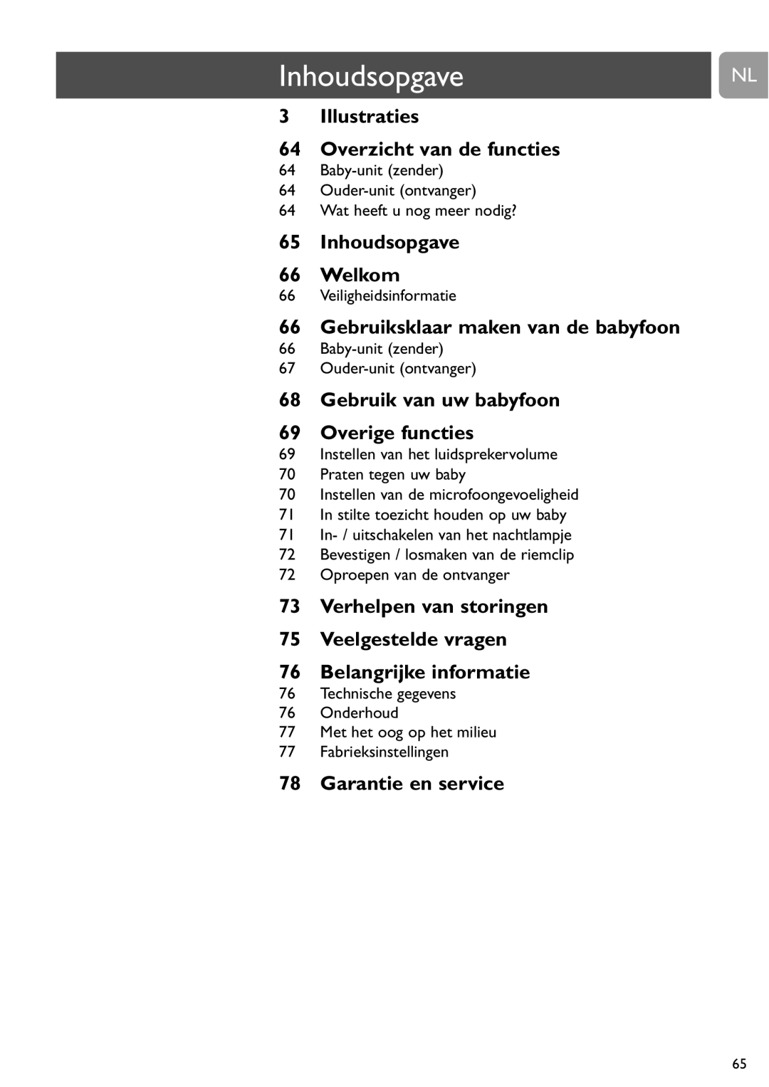 Philips SCD487 user manual Inhoudsopgave, Veiligheidsinformatie, Baby-unit zender Ouder-unit ontvanger 