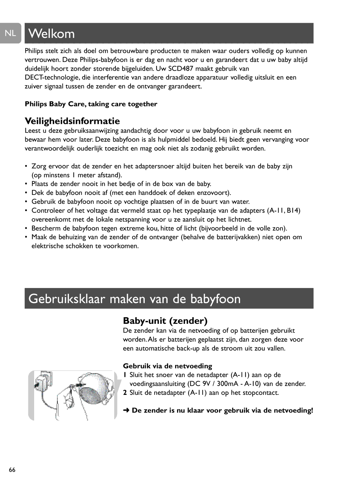 Philips SCD487 user manual NL Welkom, Gebruiksklaar maken van de babyfoon, Veiligheidsinformatie, Gebruik via de netvoeding 